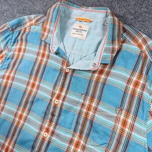 Tommy Bahama Jeans Shirt Mens Large Blue Orange Plaid Island Crafted Cotton SS